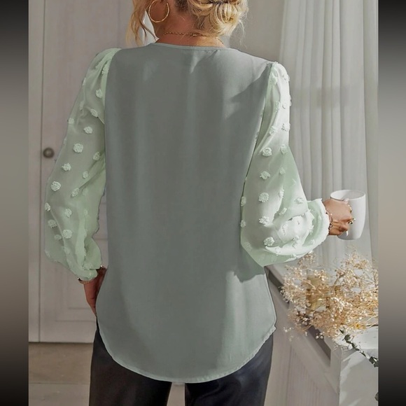 Luxe blue  V neck Swiss dot sleeve blouse - Picture 6 of 15